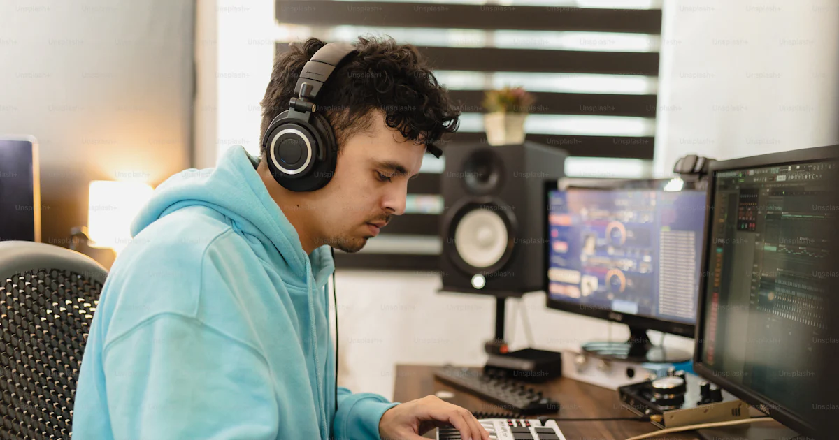 A young man wearing headphones using a laptop computer photo – Music ...