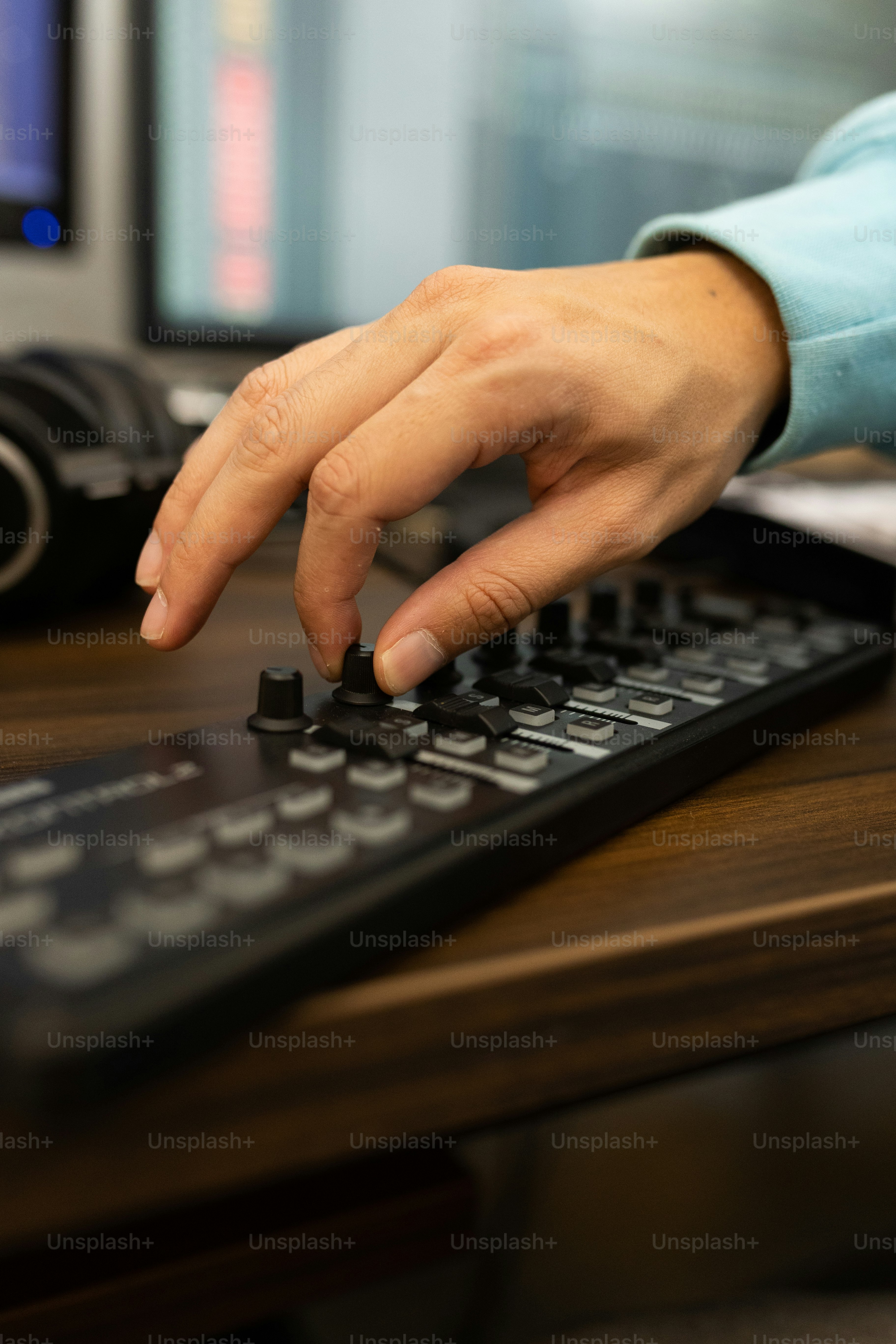 Hand operating an audio mixing console