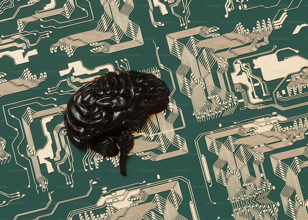 un circuito stampato del computer con un cervello su di esso