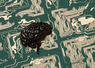 un circuito stampato del computer con un cervello su di esso