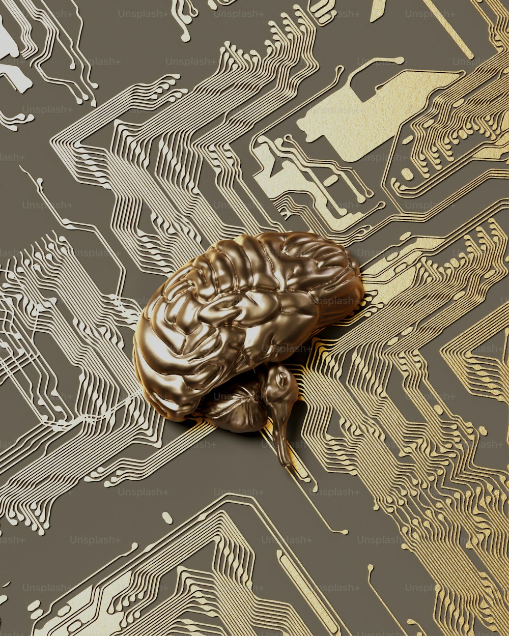 Un cervello dorato su un circuito stampato di un computer