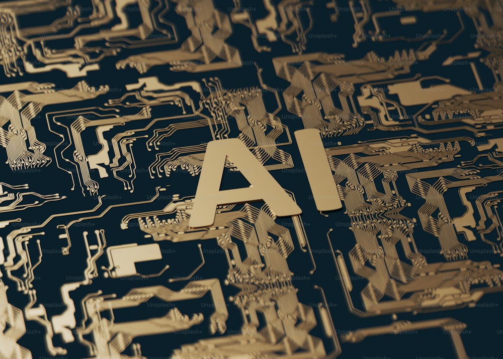 Un circuito stampato per computer con le lettere AI stampate su di esso