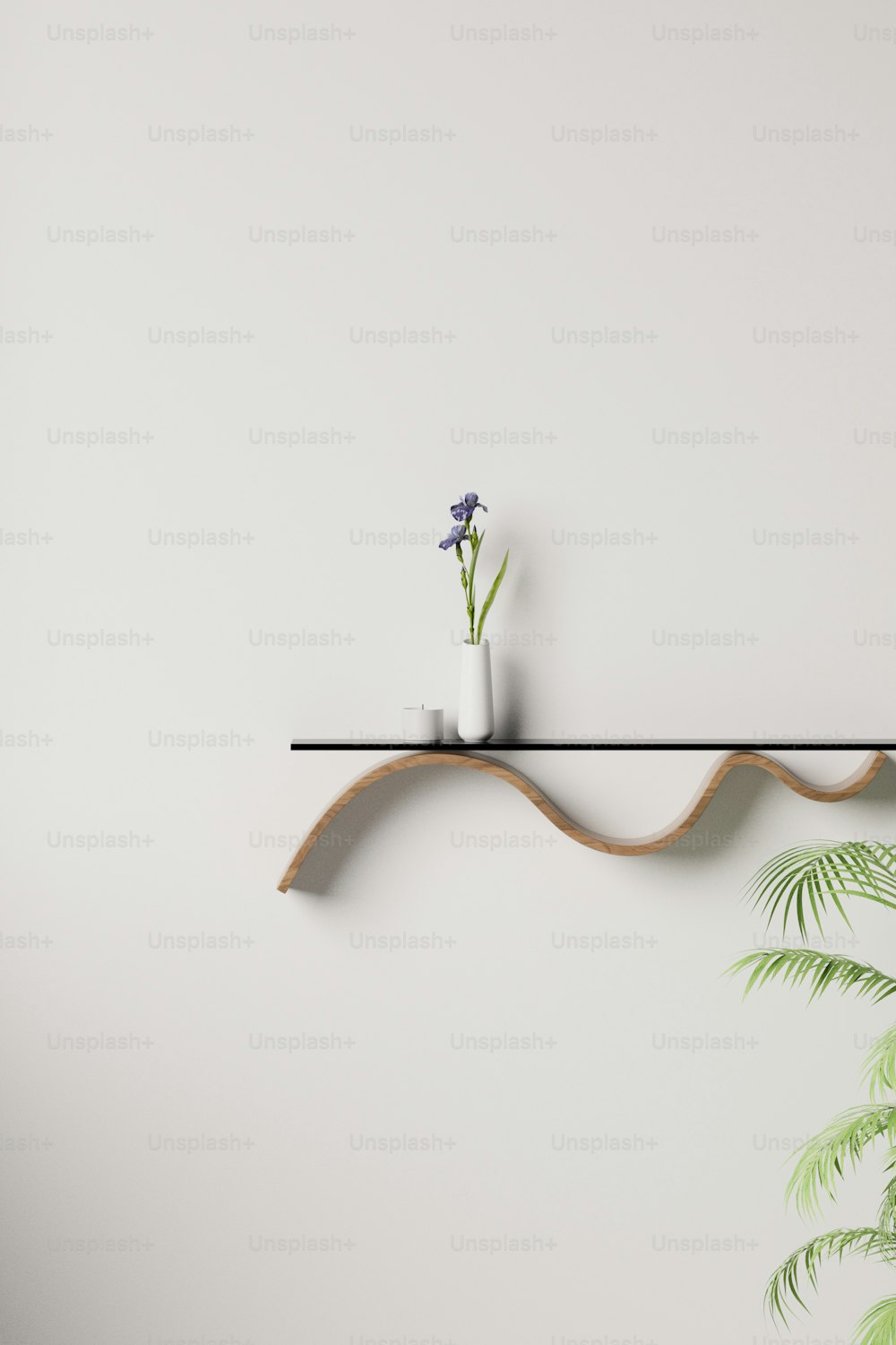 a shelf with a plant and a vase on it