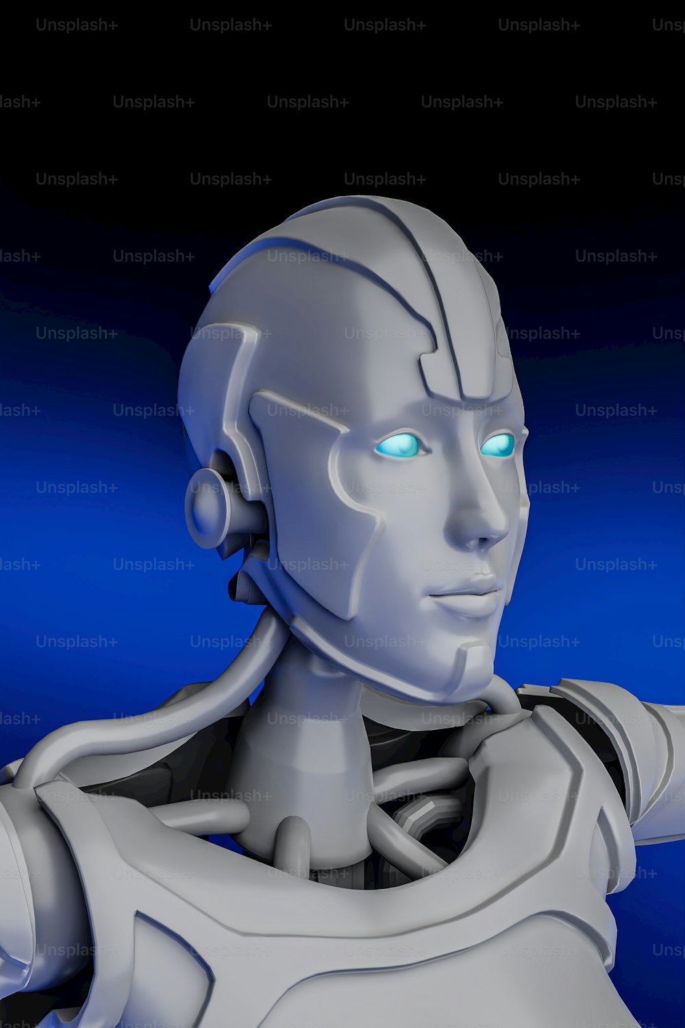 um robô branco com olhos azuis brilhantes apontando para algo