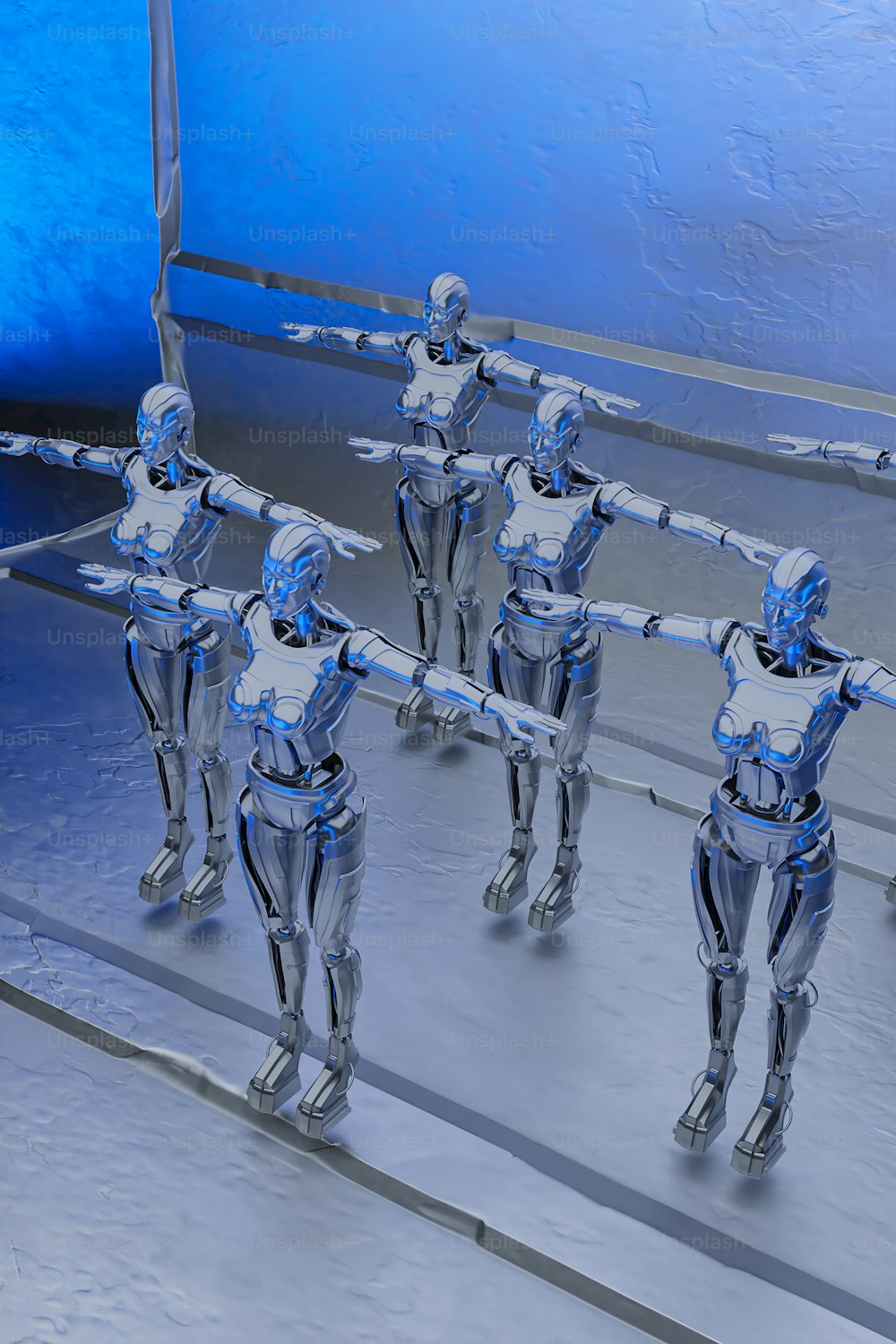 um grupo de estatuetas de robôs de pé um ao lado do outro