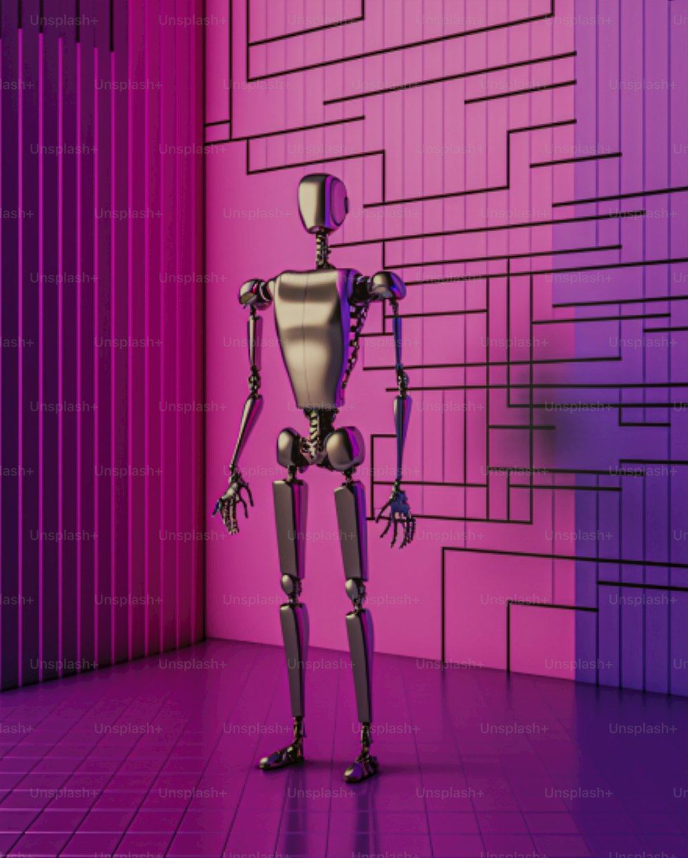 a robot standing in front of a pink and purple wall