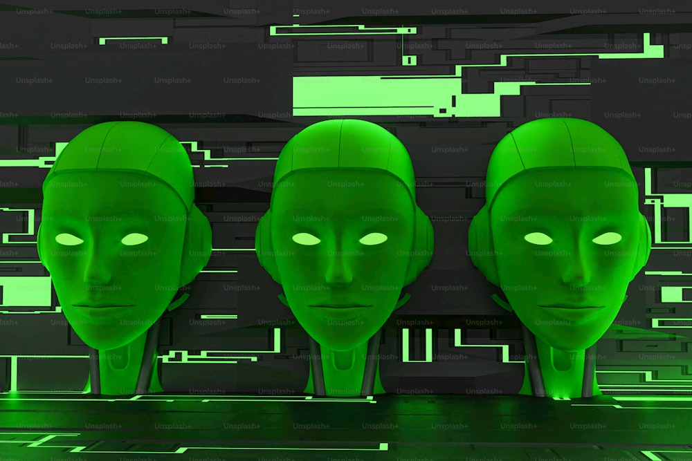 Tre teste aliene verdi con gli occhi verdi luminosi