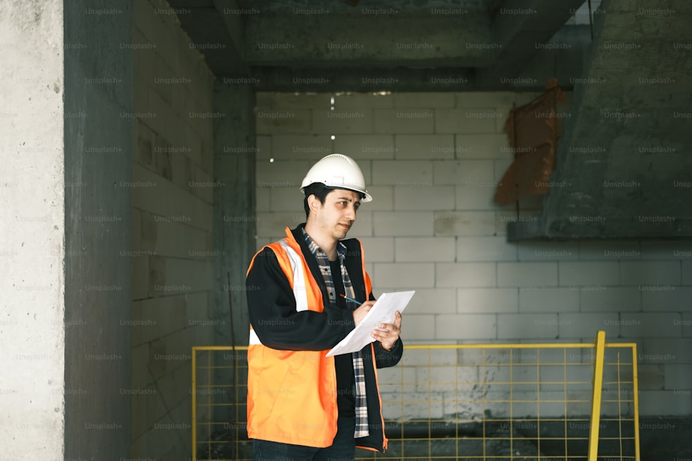 a man in a hard hat and safety vest holding a piece of paper