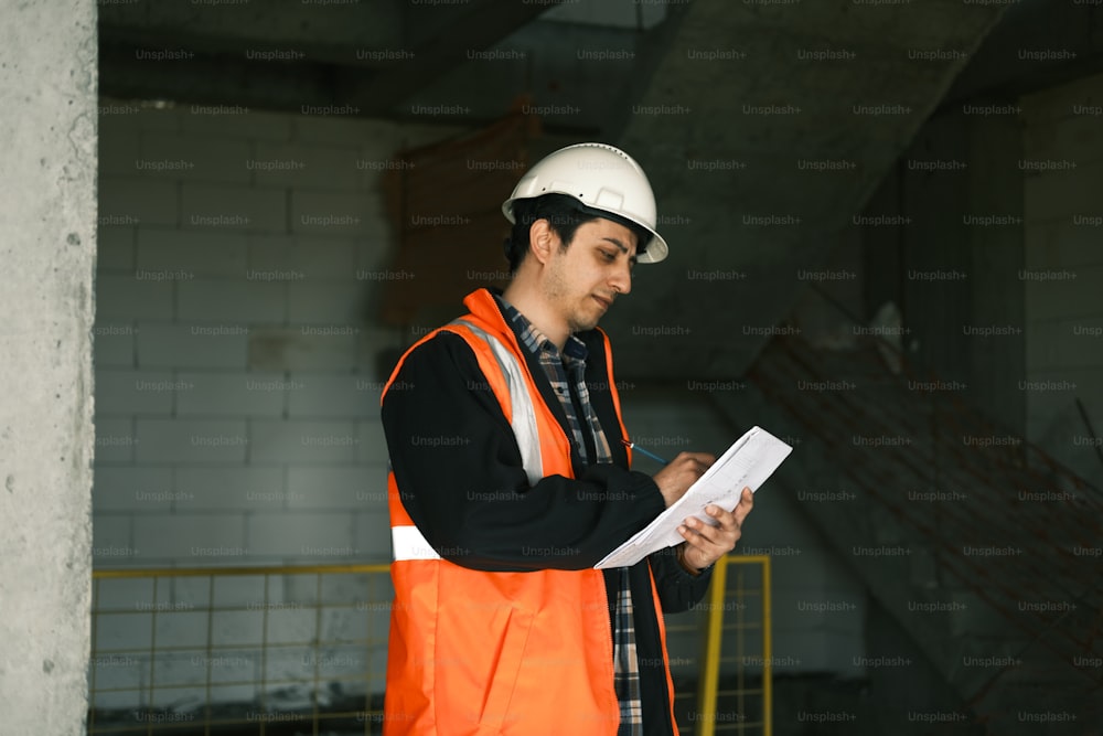 a man in an orange safety vest holding a piece of paper