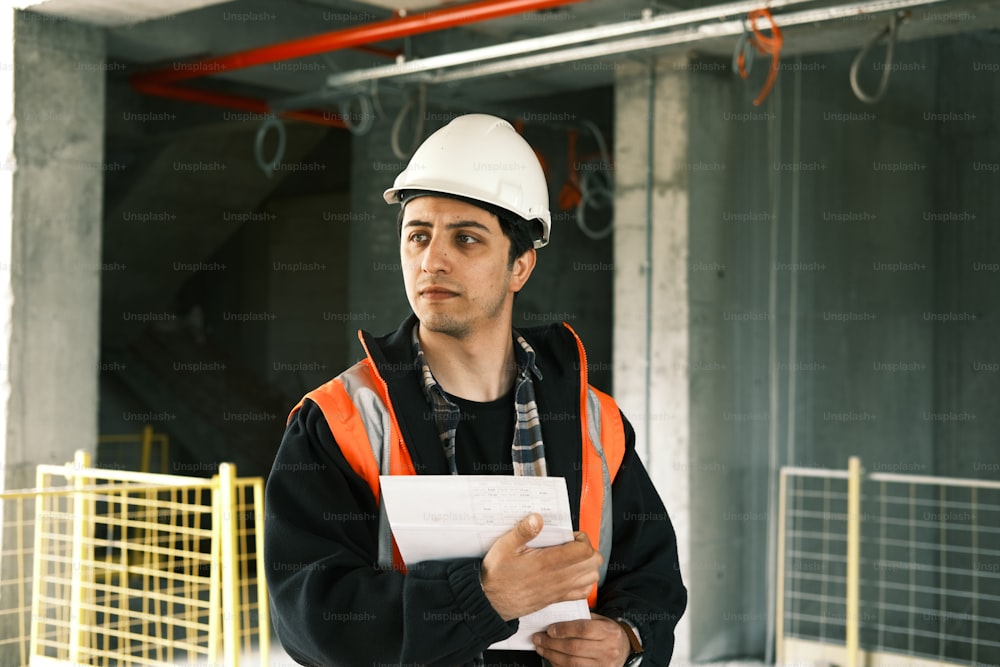 a man in a hard hat holding a piece of paper