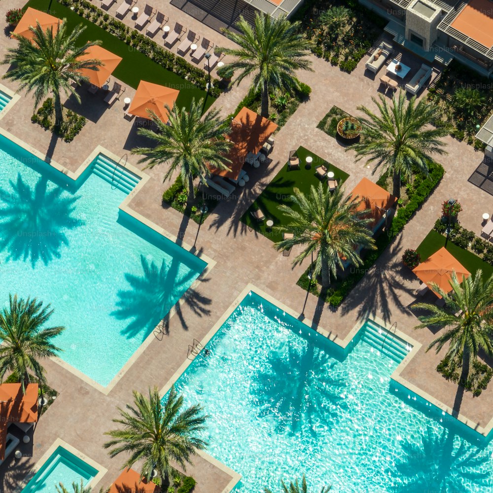 an aerial view of a resort pool with palm trees