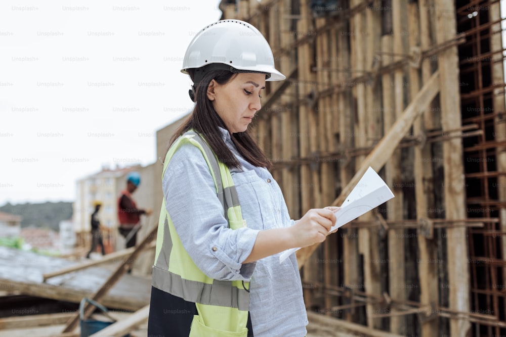 a woman wearing a hard hat and holding a piece of paper