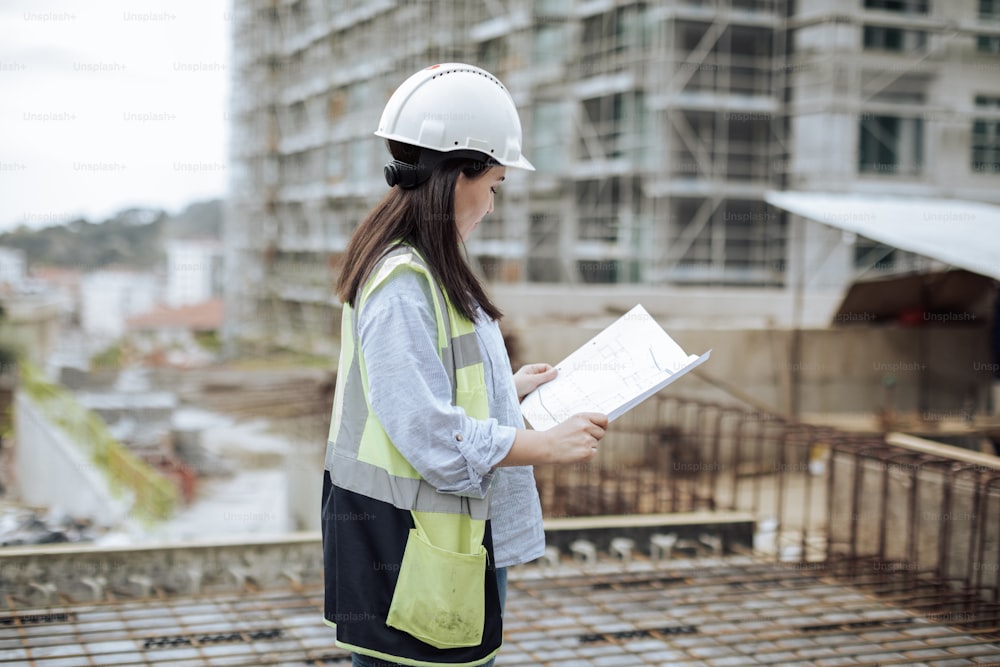 a woman in a hard hat and safety vest holding a piece of paper