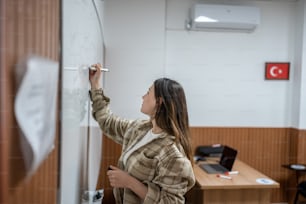 a woman writing on a whiteboard in an office