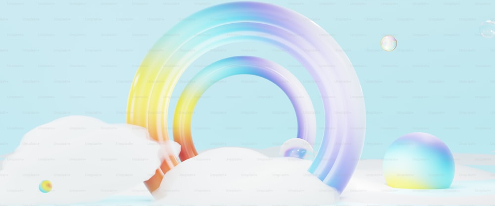 a rainbow colored object in the middle of a blue background