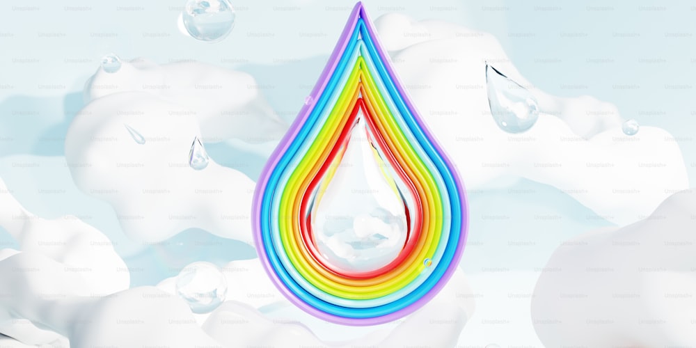 une goutte d’eau multicolore entourée de bulles