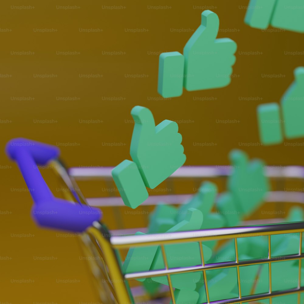 a shopping cart filled with thumbs up signs
