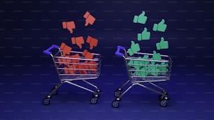a shopping cart filled with thumbs up and thumbs down