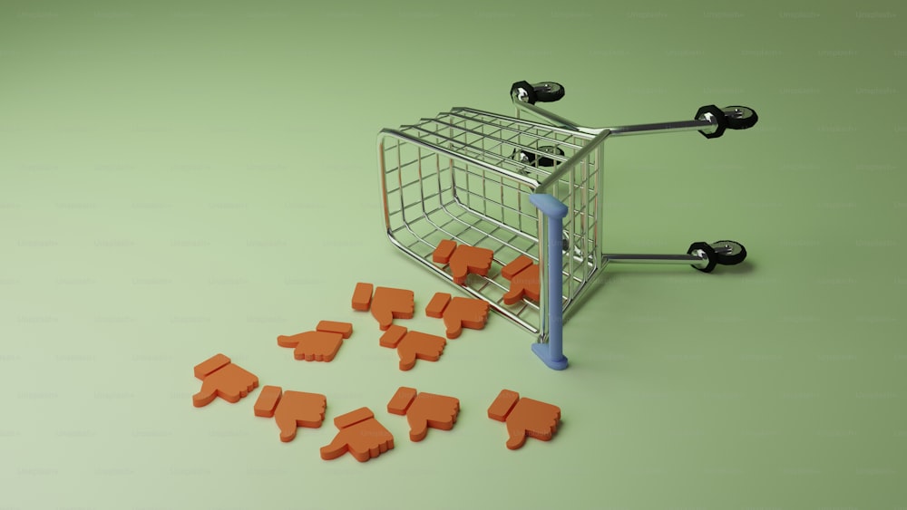 a shopping cart filled with orange pieces of plastic