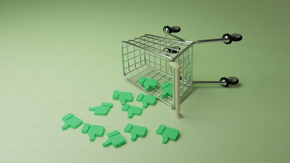 a shopping cart filled with green plastic pieces