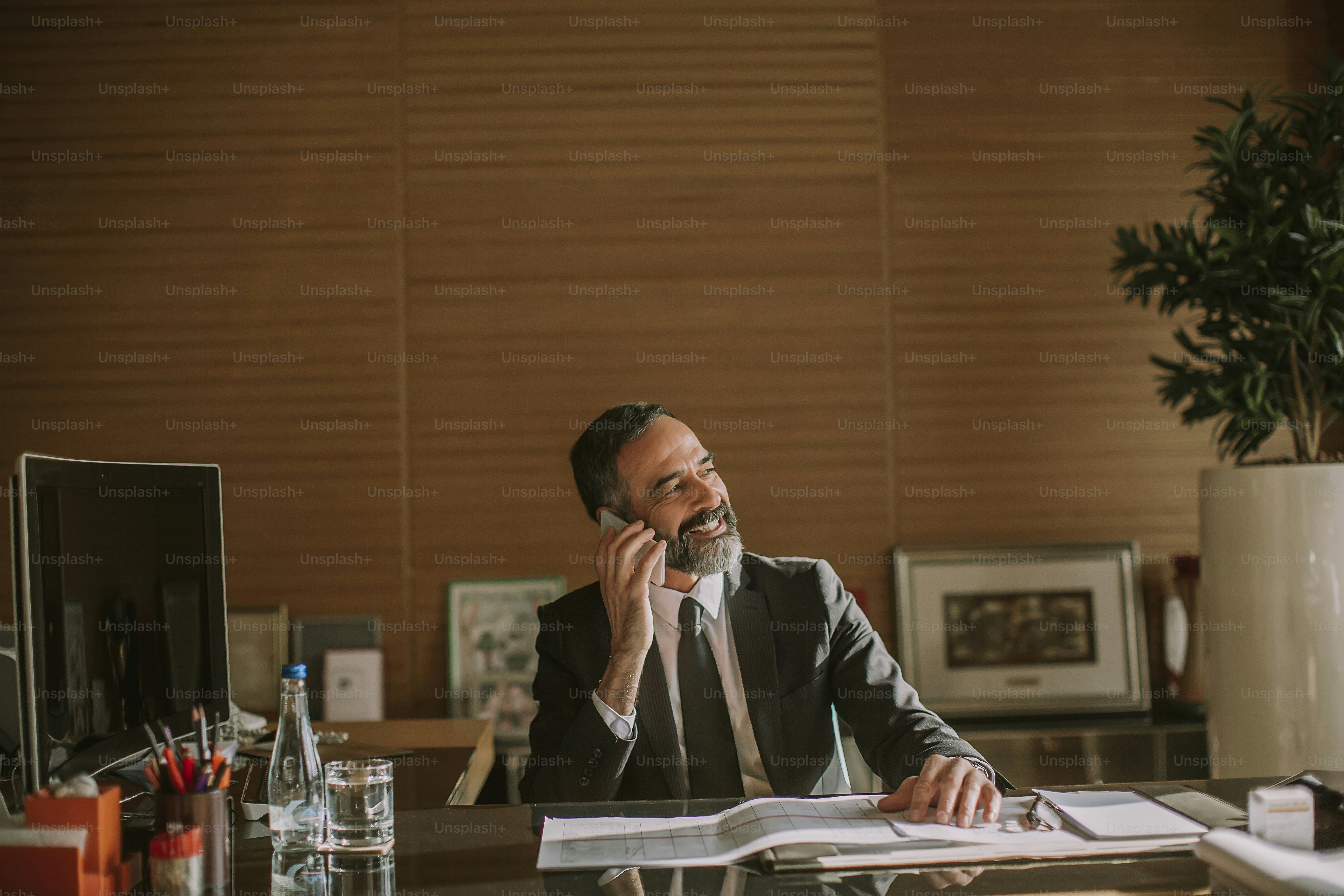 Portrait of senior businessman using mobila phone and working in modern office
