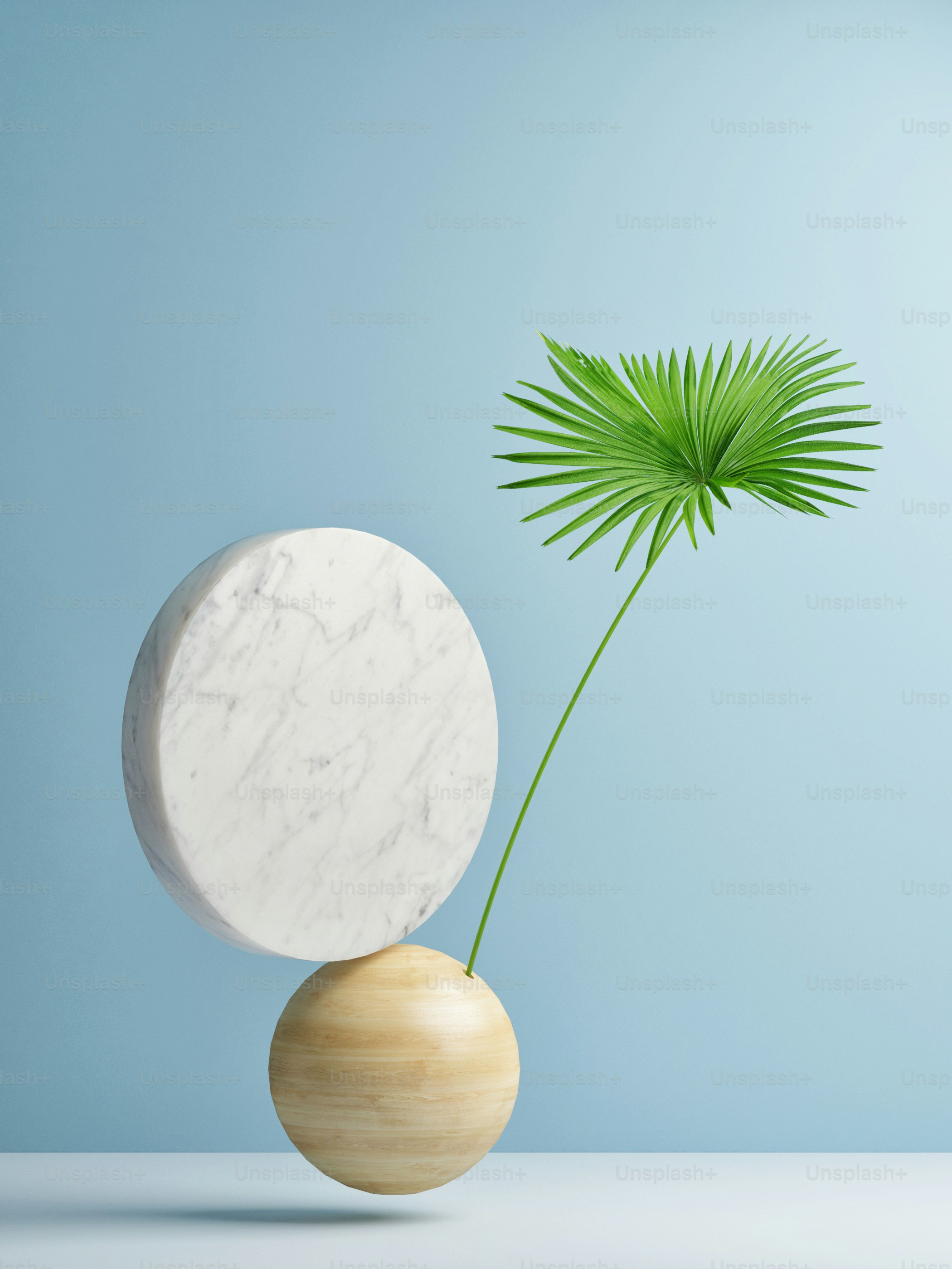 Abstrakte Komposition auf blauem Wandhintergrund, 3D-Illustration, 3D-Rendering