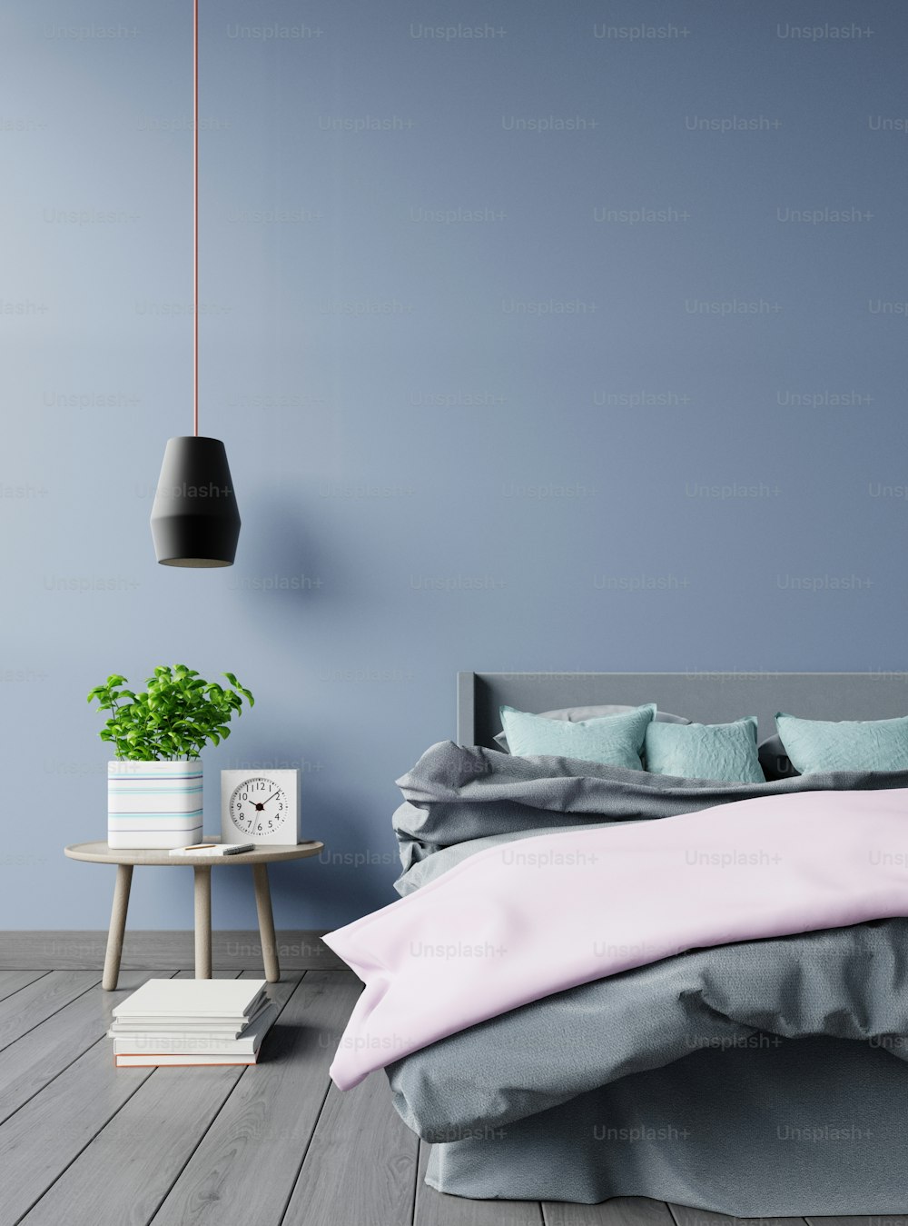 Interno della camera da letto con lampada da letto e piante verdi su sfondo scuro della parete, rendering 3d.