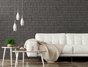 Modernes Interieur des Wohnzimmers mit weißem Sofa, hölzernen Couchtischen über schwarzer Ziegelwand 3D-Rendering
