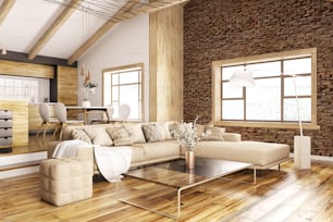 Interni moderni della casa, cucina, soggiorno con divano rendering 3d