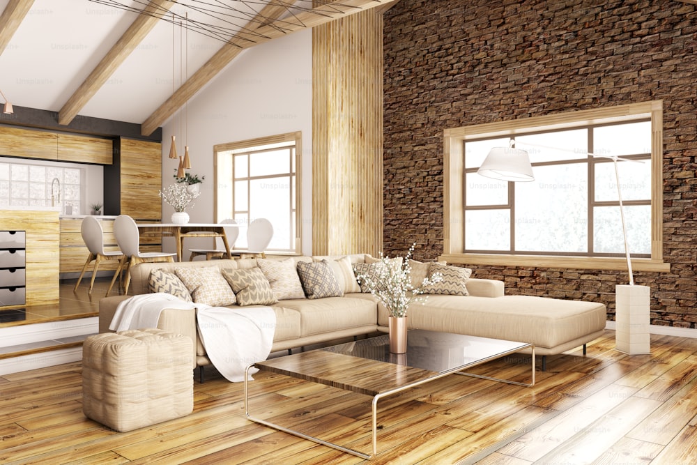 Interni moderni della casa, cucina, soggiorno con divano rendering 3d