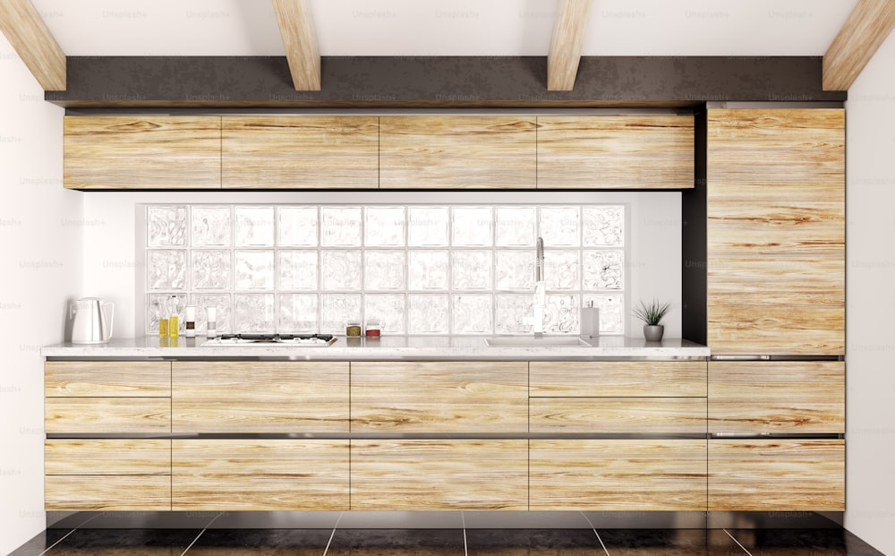 Moderne Holzküche mit weißer Steintheke, 3D-Rendering