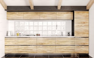 Modern wooden kitchen with white stone counter interior 3d rendering