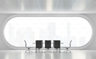 Modern white meeting room 3d render,There are white floor.Furnished with black furniture .There are arch windows look out to see the city view background.