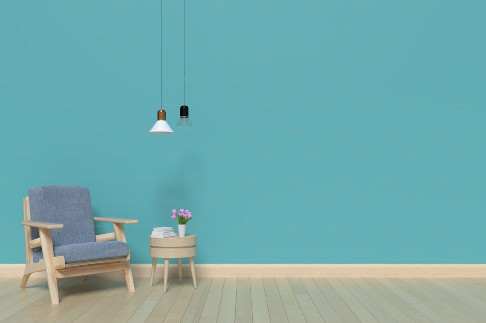 Die Wände des Wohnzimmers blau In einem Sessel und einer Lampe, 3D-Rendering