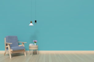 リビングルームの壁は青 肘掛け椅子とランプ内、3Dレンダリング