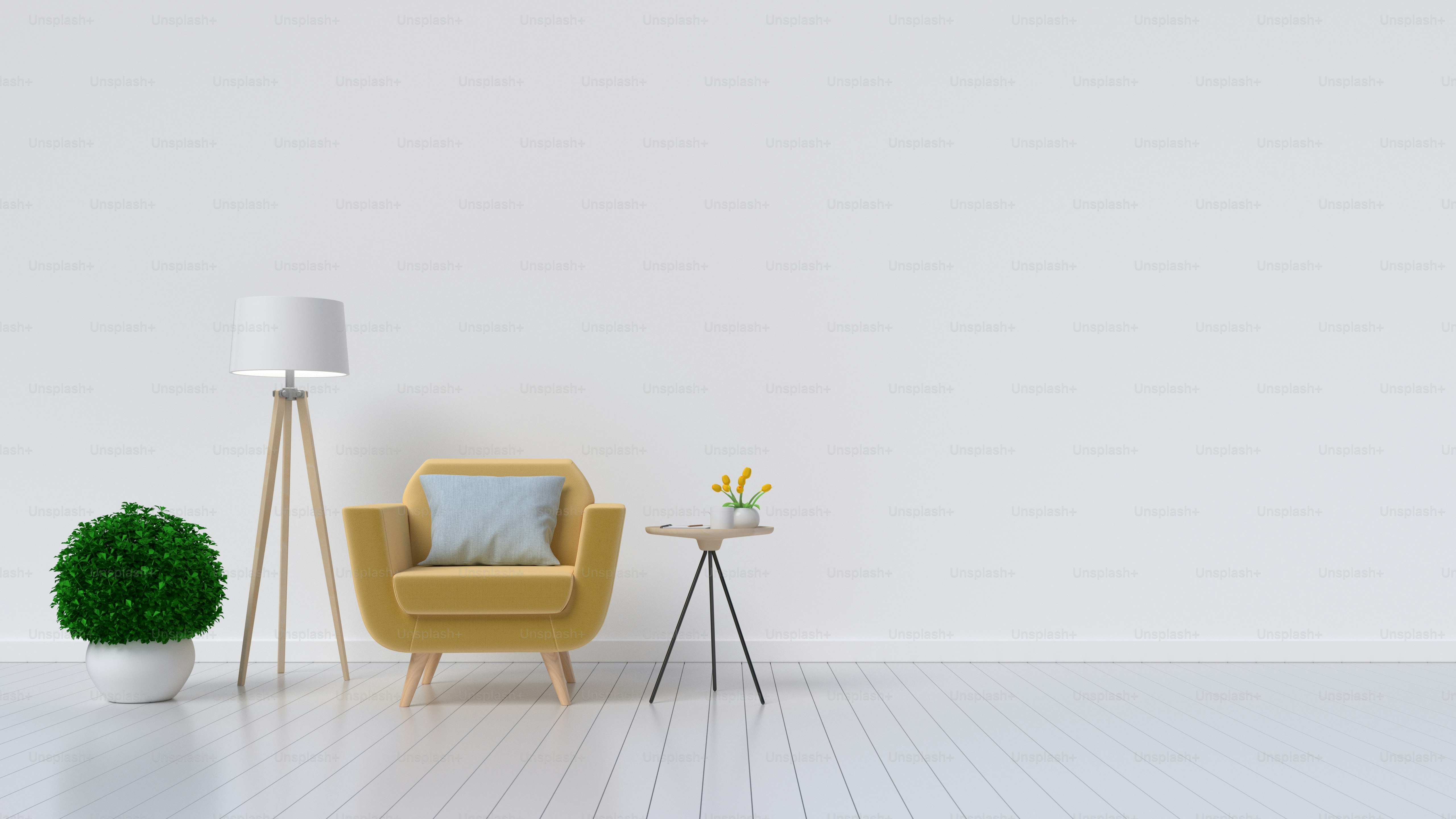 White room with armchair and lamp on white background. 3D rendering.