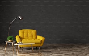 Interior of living room with wooden triangular coffee tables, floor lamp and  yellow armchair over black stucco wall 3d rendering