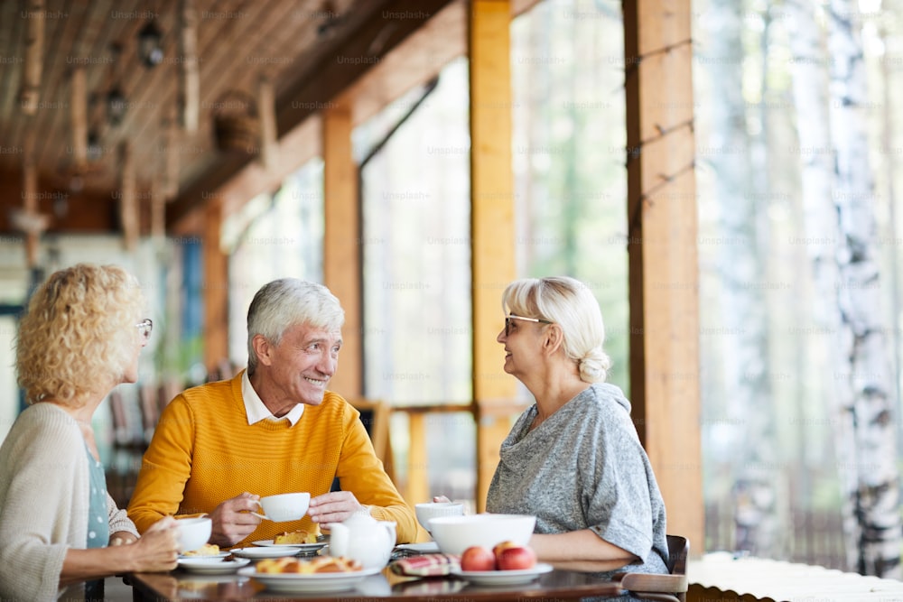 Group of friendly senior people in casualwear having talk by cup of tea while relaxing in cafe