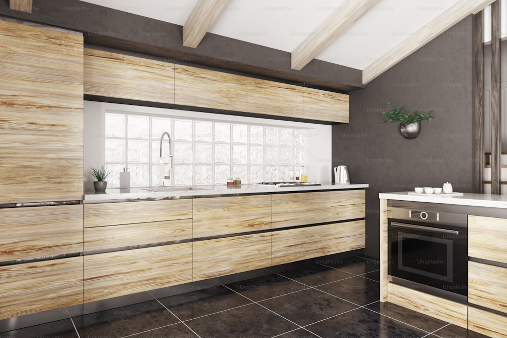 Modernes Interieur der Holzküche mit weißer Steintheke 3D-Rendering