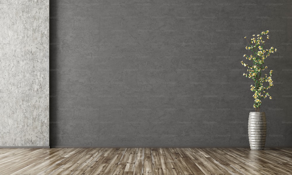 Empty room interior background, black stucco wall, vase with branch 3d rendering