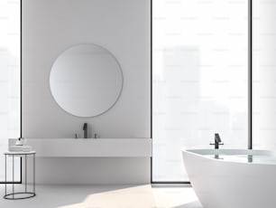 Minimal style bathroom with city view 3d render, There are white wall and floor,The room has large windows.Sunlight shines into the room.