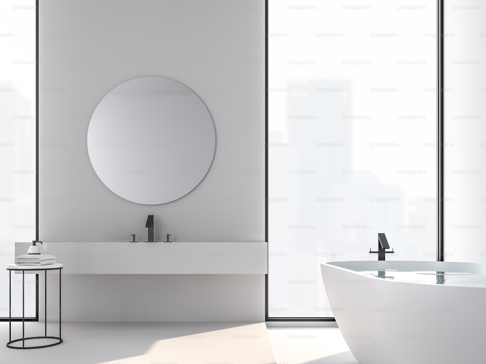 Minimal style bathroom with city view 3d render, There are white wall and floor,The room has large windows.Sunlight shines into the room.