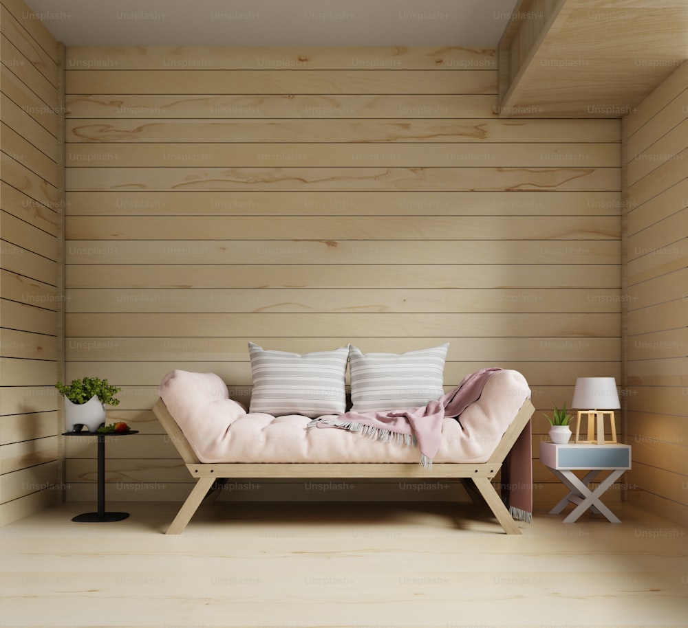 Pink sofa in a modern wooden house,3D rendering