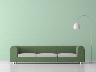 Minimaler Stil Wohnzimmer 3D-Rendering, Es gibt weißen Boden, hellgrüne leere Wand, dekorieren mit rostfreier Lampe, Ausgestattet mit grünem Stoffsofa.