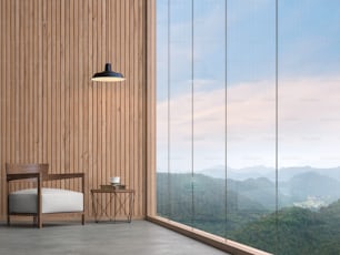 Moderne Zimmerecke 3D-Rendering, Es gibt Betonboden und Holzdielenwand,Ausgestattet mit Stoffmöbeln,Es gibt rahmenlose Fenster mit Blick auf die Berge.