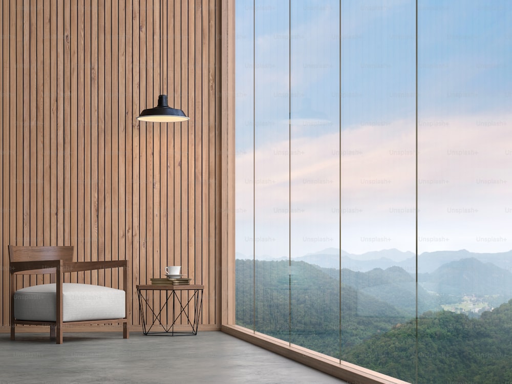 Contemporary room corner 3d render, There are concrete floor and wood plank wall,Furnished with fabric furniture,There are frameless window looking out to see the mountain view.