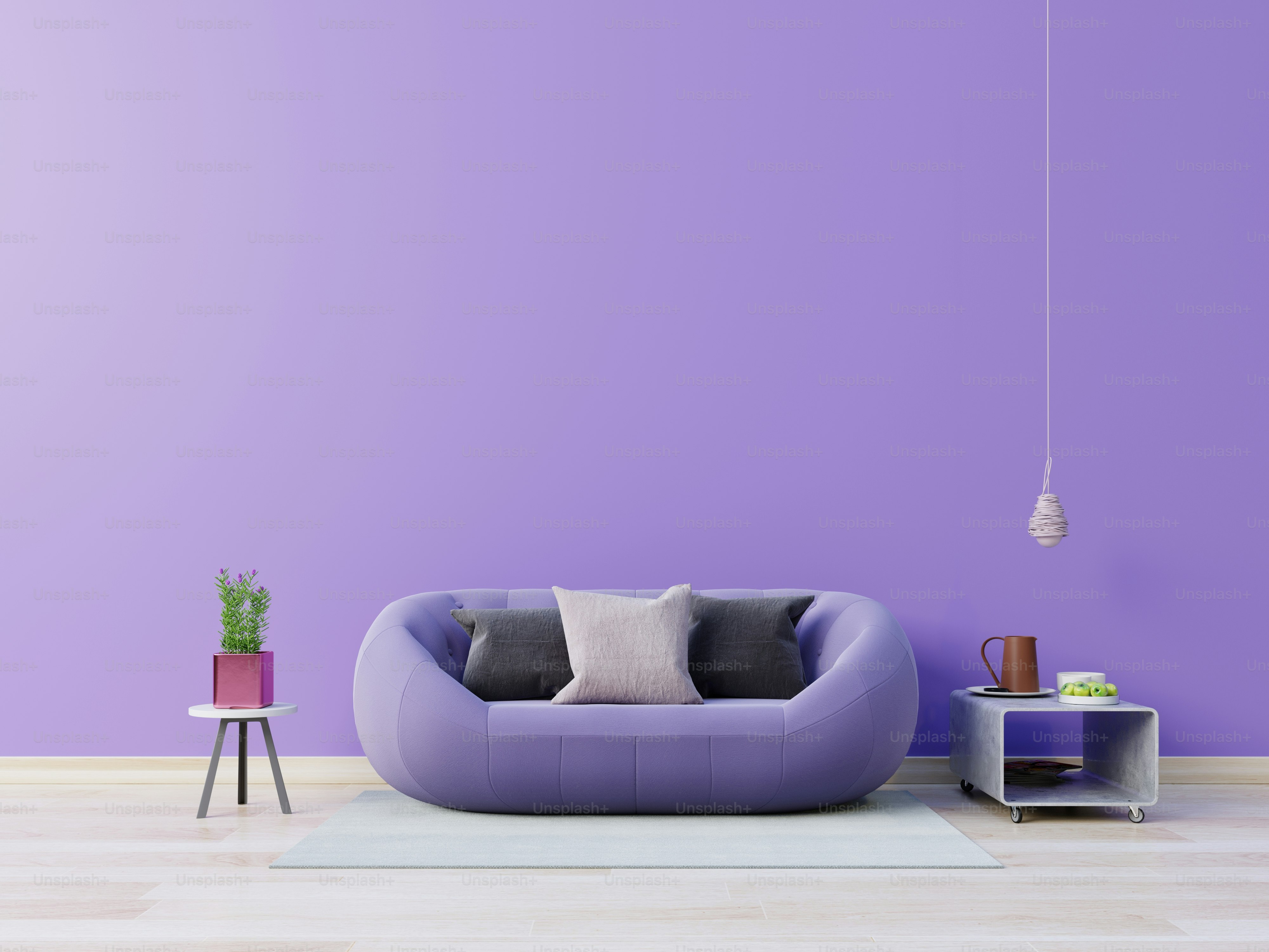 Flat design image of a bedroom with a mid-century modern, light purple walls,  natural light, and high ceilings. the bed should have a bluish quilt on  Craiyon, image size:3000x2250