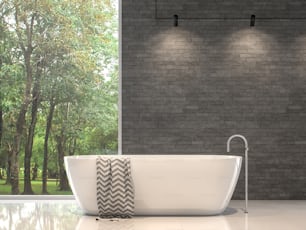 Modernes zeitgenössisches Badezimmer 3D-Rendering, Es gibt graue Naturstein-Ziegelwand und weißen Fliesenboden. Das Zimmer verfügt über große Fenster. Blick auf den Garten.