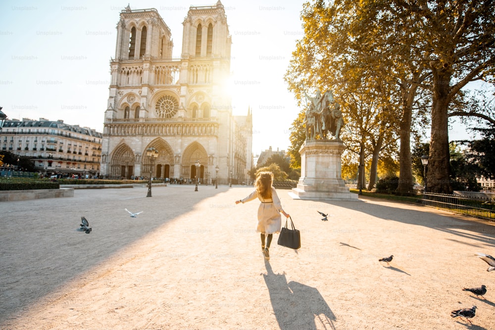 Morning view on the famous Notre-Dame cathedral with woman running on the square dispersing pigeons in Paris, France