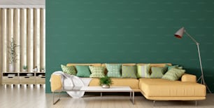 緑の壁と床ランプの3Dレンダリングの上に黄色いコーナーソファを持つリビングルームのモダンなインテリア
